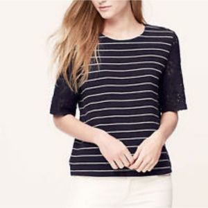 Loft Blue and White Striped top w/ lace sleeves zipper closure on the back.